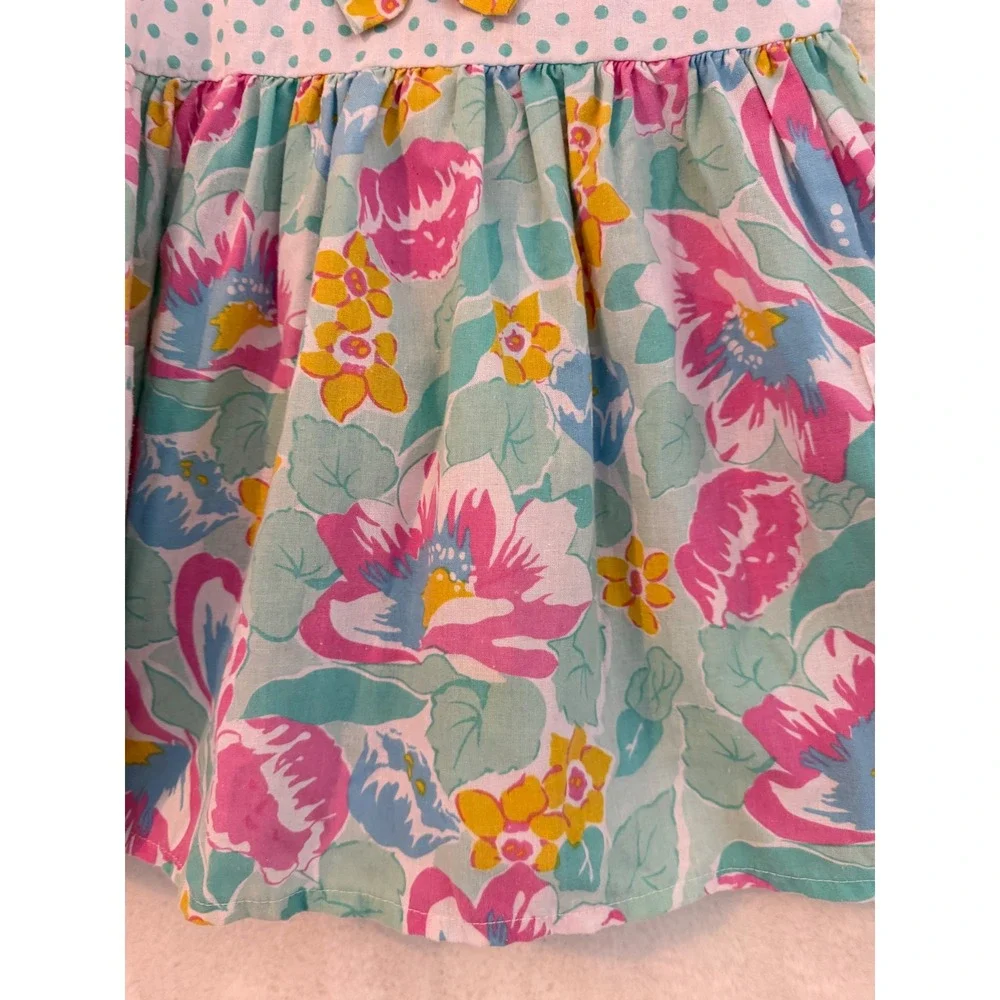 Vintage Cuties By Judy Girls Floral Polka Dot Bow Dress Size 4 Multicolor Pocket